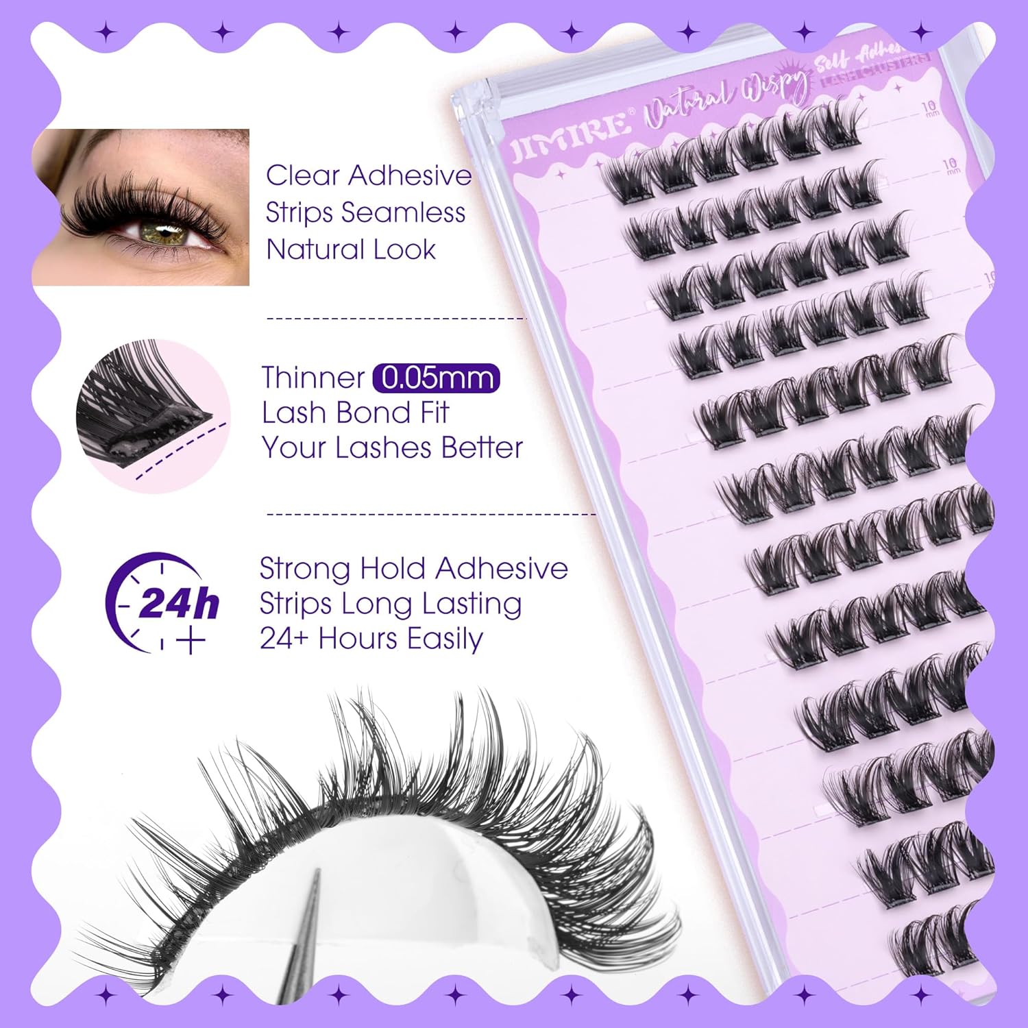JIMIRE Self Adhesive Eyelashes Manga Lash Clusters Natural Look 10-14MM Wispy Pre Glued Lashes Clusters No Glue Needed D-Curly Natural Cluster Lashes Reusable Invisible Band Press on Lashes-FemmiqueWomen