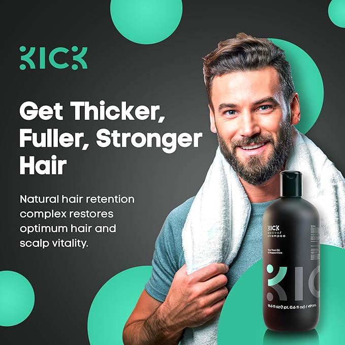 Kick Mens Shampoo - Peppermint & Tea Tree for Oil Control - Sulfate-Free, Refreshing Formula - Anti-Dandruff and Scalp Soothing - Shampoo for Oily Hair - Cruelty-Free - 16.6oz-FemmiqueWomen