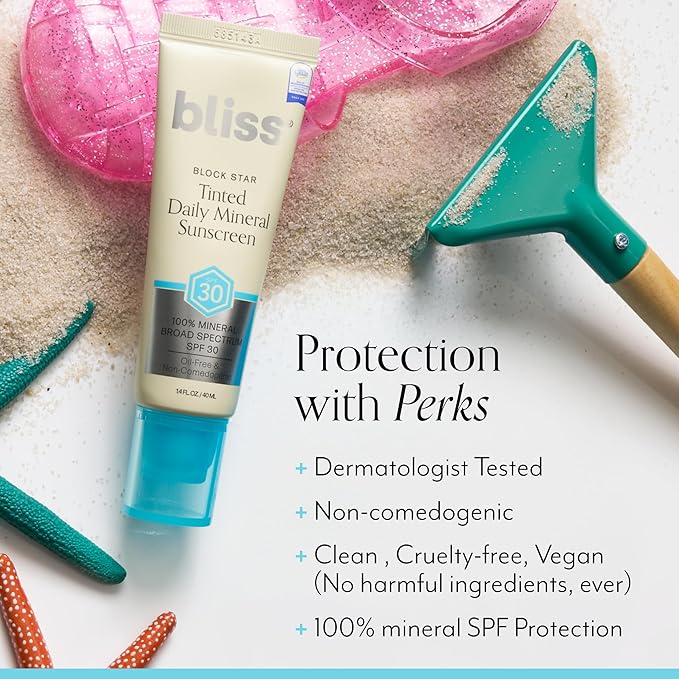 Bliss Block Star SPF 30 Daily Tinted Mineral Sunscreen with Zinc Oxide - All Skin Tones - 100% Mineral Broad Spectrum Sunscreen with Titanium Dioxide & Antioxidant Blend- 1.4 fl oz.-FemmiqueWomen