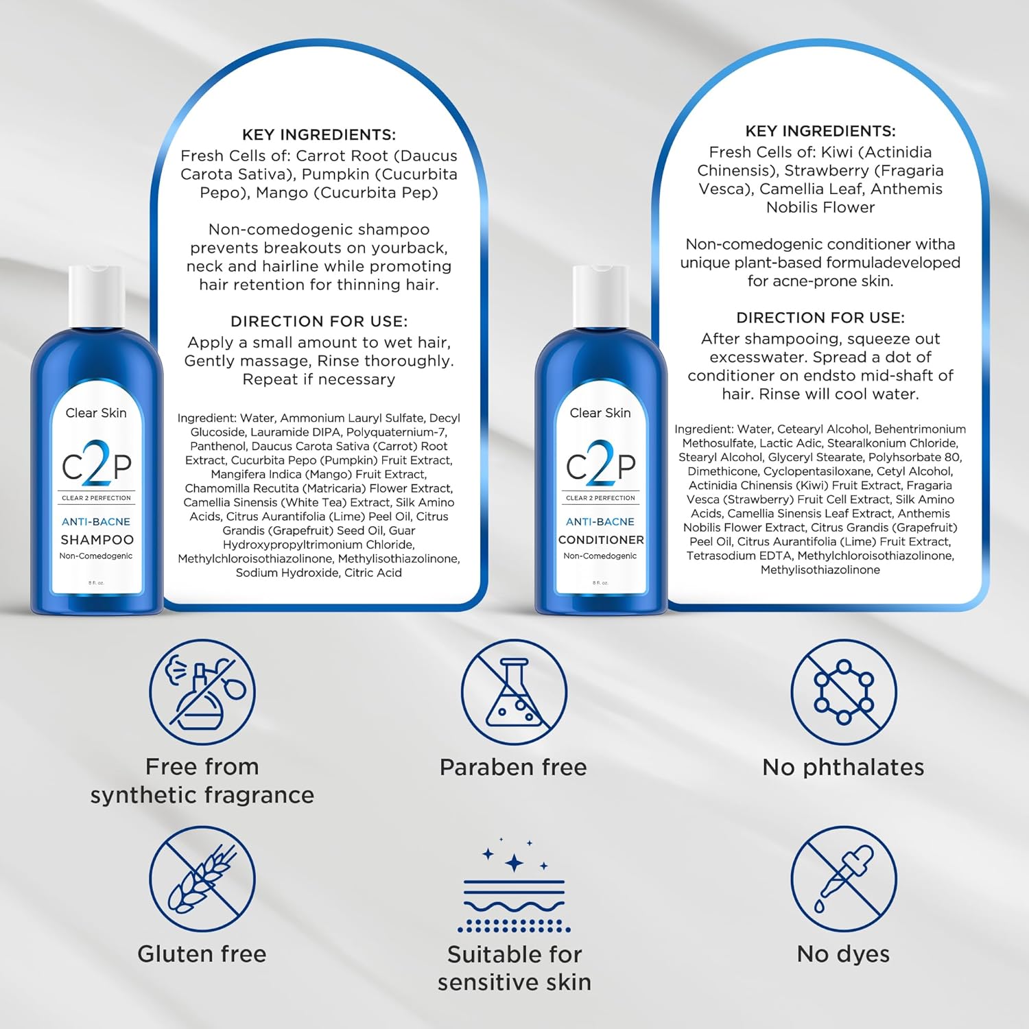 Non-Comedogenic & Sulfate-Free Shampoo & Conditioner Set by Clear 2 Perfection, Ideal for Acne-Prone Skin & Bacne, Esthetician Developed, Fights Breakouts & Promotes Healthy Hair-FemmiqueWomen