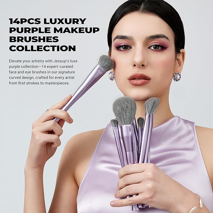 Jessup Makeup Brushes Set Professional 14pcs Vegan Make Up Brushes, Foundation Eyeshadow Concealer Contour Powder Blush Blending Eyeliner Brush, Premium Synthetic Fiber, Luxury Purple T512-FemmiqueWomen