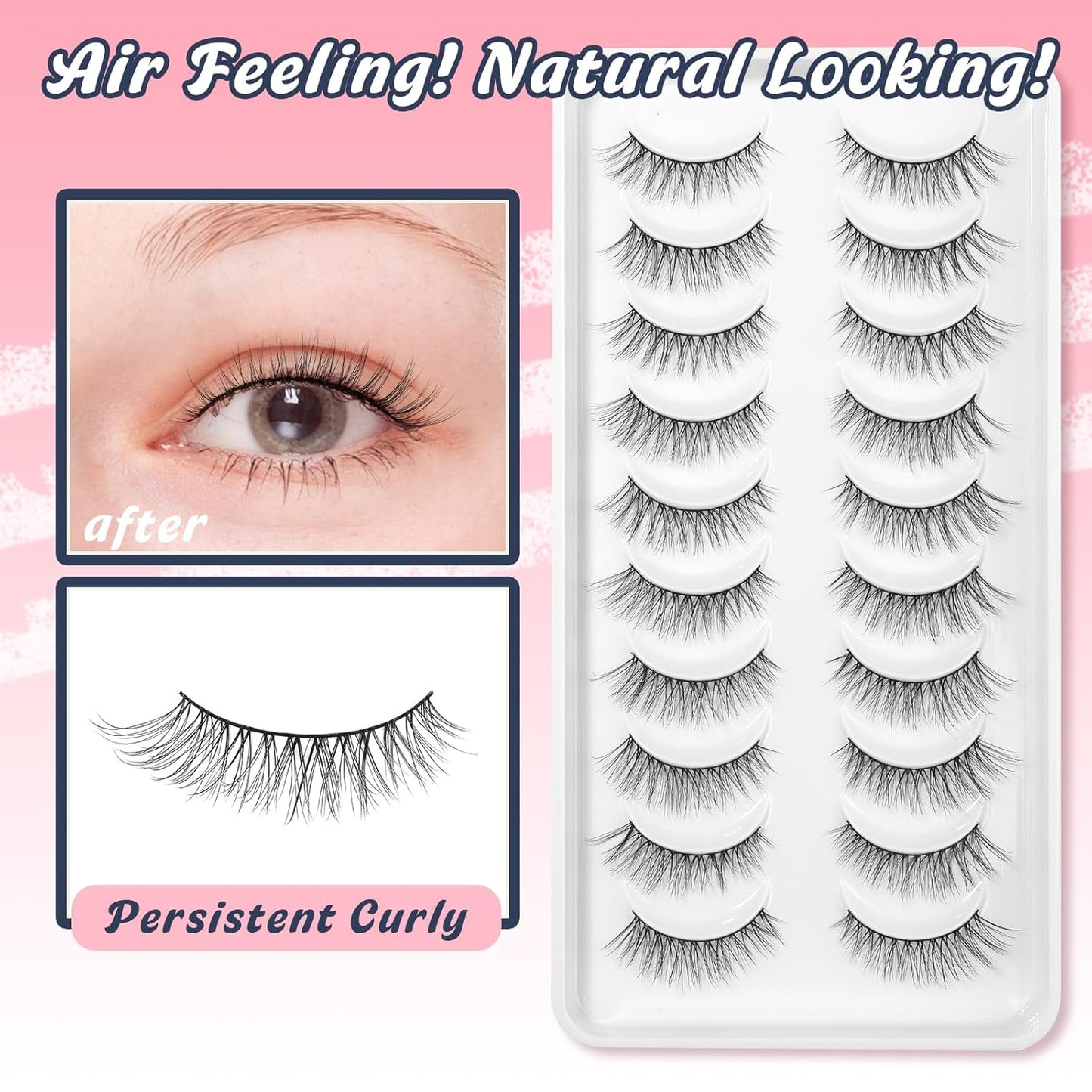 Eyelashes Natural Cat Eye Lashes False Eyelashes Wispy Lashes C Curl Flared Eye Lashes Pack Cat Eyelashes Soft Strip Lashes 12mm Lash Strips Siligli 10 Pair-FemmiqueWomen