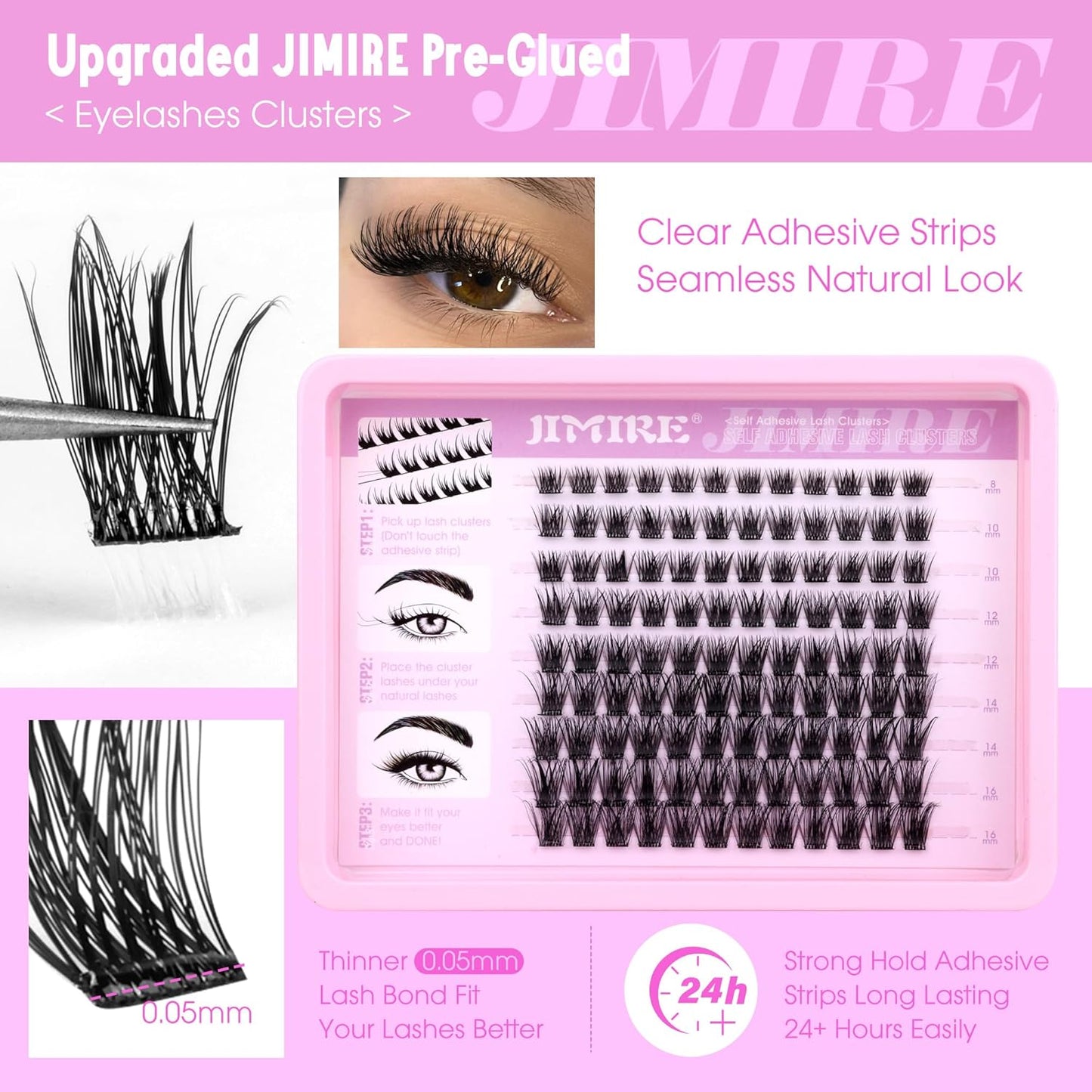 JIMIRE Self Adhesive Eyelashes Natural Wispy 8-16MM Pre Glued Lash Clusters No Glue Needed Press on Lashes Reusable Self Adhesive Lashes Classic Eyelash Clusters Easy to Apply-FemmiqueWomen