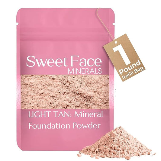 (1 Pound) (Light Tan) Foundation Powder Refill By Sweet Face Minerals, Lightweight Mineral Loose Makeup Powder with SPF 20, Full Coverage Flawless Finish, Talc-free, Cruelty-Free, Refill Pouch-FemmiqueWomen