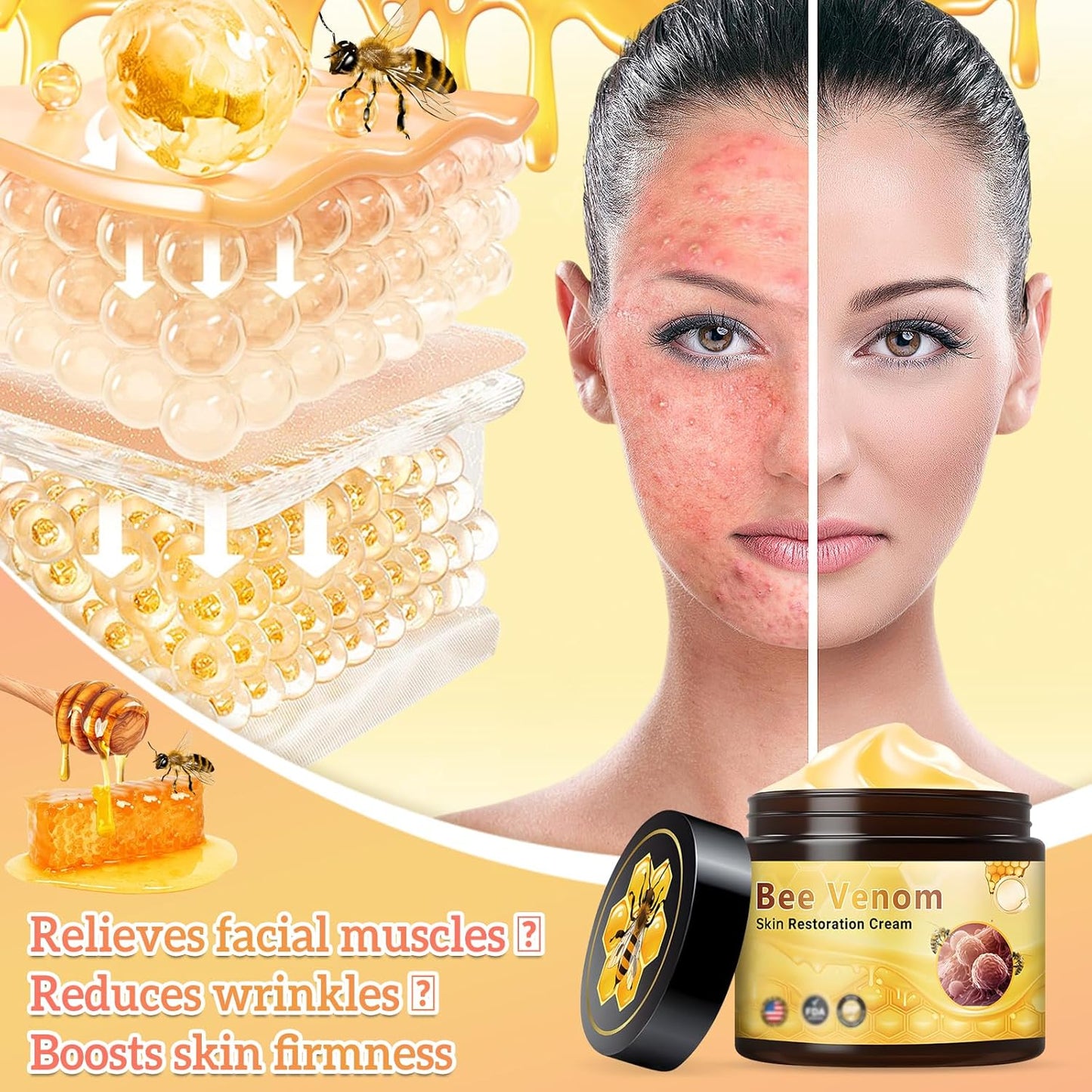 2Pcs Bee Venom Skin Restoration Cream, Professional Bee Venom Comprehensive Skin Treatment Cream, for Firming, Wrinkle Reduction & Moisturizing, Natural Serum for All Skin Types-FemmiqueWomen