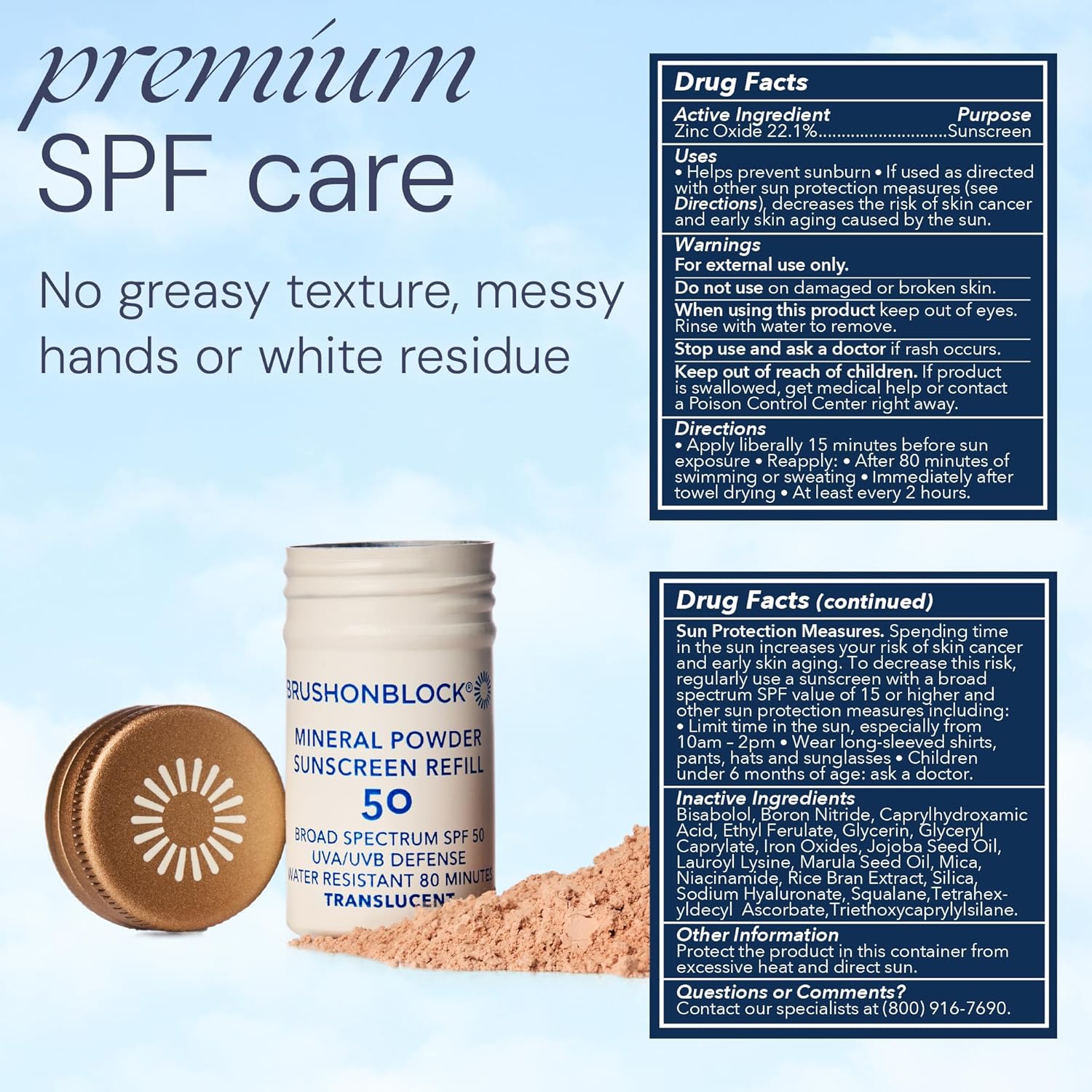 Brush On Block Mineral Sunscreen Powder Refill, Natural Broad-Spectrum SPF 50, Safe for Sensitive Skin, UVA UVB Face Protection, Reef Friendly (Translucent - Refill)-FemmiqueWomen