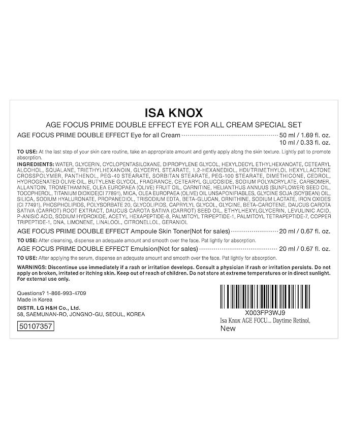 Isa Knox AGE FOCUS Prime Double Effect Eye For All Cream Set (3.4fl oz) - Korean Skincare Set, Lightweight Rich Eye Cream, Toner, Emulsion with Daytime Retinol,-FemmiqueWomen