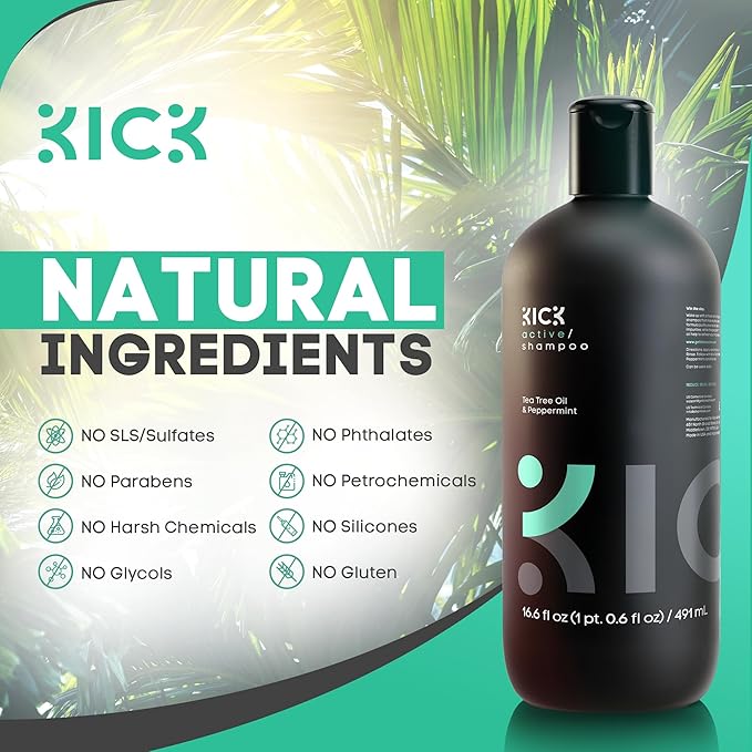 Kick Mens Shampoo - Peppermint & Tea Tree for Oil Control - Sulfate-Free, Refreshing Formula - Anti-Dandruff and Scalp Soothing - Shampoo for Oily Hair - Cruelty-Free - 16.6oz-FemmiqueWomen
