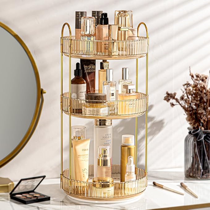 360 Rotating Makeup Organizer - High-Capacity Skincare & Cosmetics Organizer for Vanity, Bathroom or Dresser (3 Tiers, Amber)-FemmiqueWomen