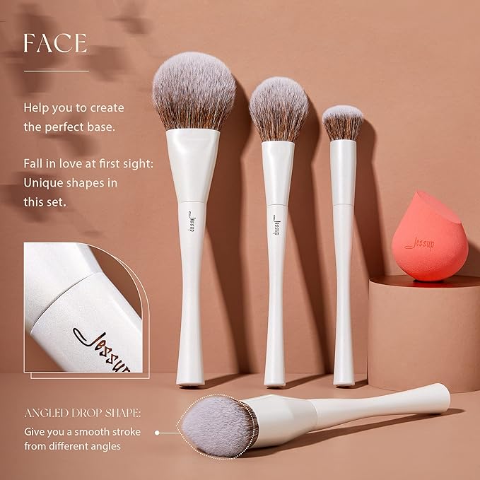 Jessup Makeup Brushes Set 14pcs Highend Makeup Gift Set for Women Include Foundation Concealer Blush Contour Powder Eye Shadow Brush, Makeup Sponge, Makeup Brush Cleaner and Towel, Pearl White T333-FemmiqueWomen