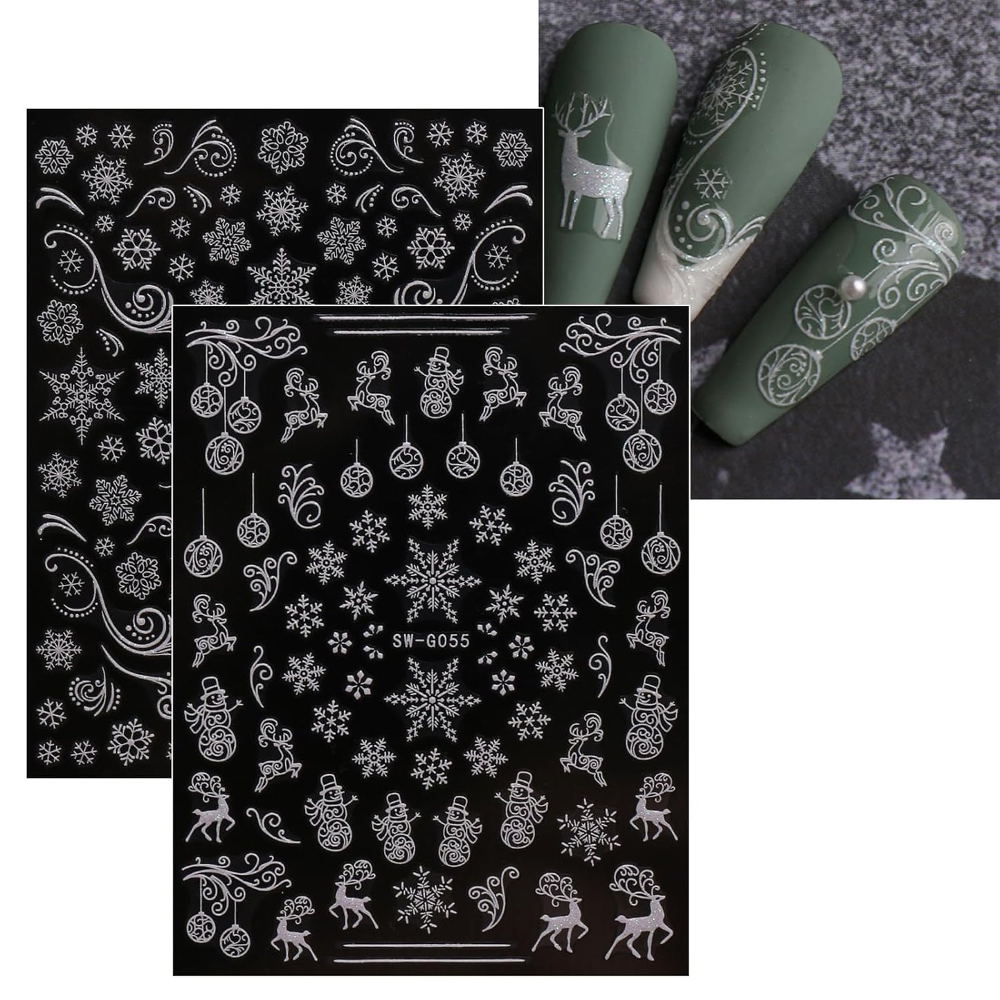 JMEOWIO 9 Sheets Christmas Glitter Nail Art Stickers Decals Self-Adhesive Snowflake Winter Holiday White Nail Supplies Nail Art Design Decoration Accessories-FemmiqueWomen