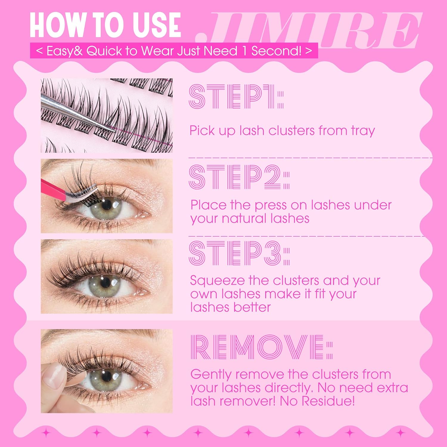 JIMIRE Self Adhesive Eyelashes Natural Look 9-14MM Wispy Pre Glued Lash Clusters No Glue Needed Press on Lashes Clusters Reusable Self Adhesive Eyelash Clusters Easy to Apply-FemmiqueWomen