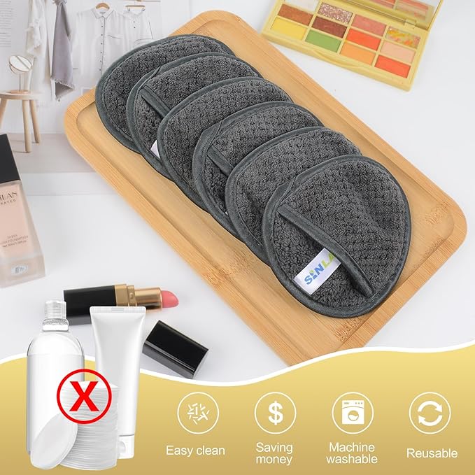 SINLAND Reusable Makeup Remover Pads For Face,Eye,Lips Microfiber Gentle Facial Cleansing Cloths for All Skin Types Friendly for Makeup Remover With Laundry Bag 5.1inchx3.93inch Gray Pack of 6-FemmiqueWomen