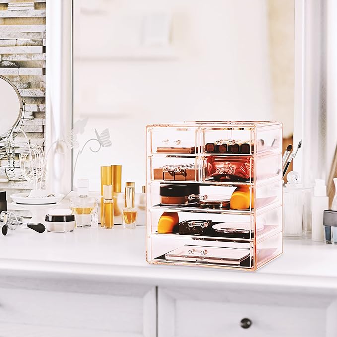 Sorbus Acrylic Makeup Organizer - Organization and Storage Case for Cosmetics Make Up & Jewelry - Big Clear Makeup Organizer for Vanity, Bathroom, College Dorm, Closet, Desk (3 Large, 4 Small Drawers)-FemmiqueWomen
