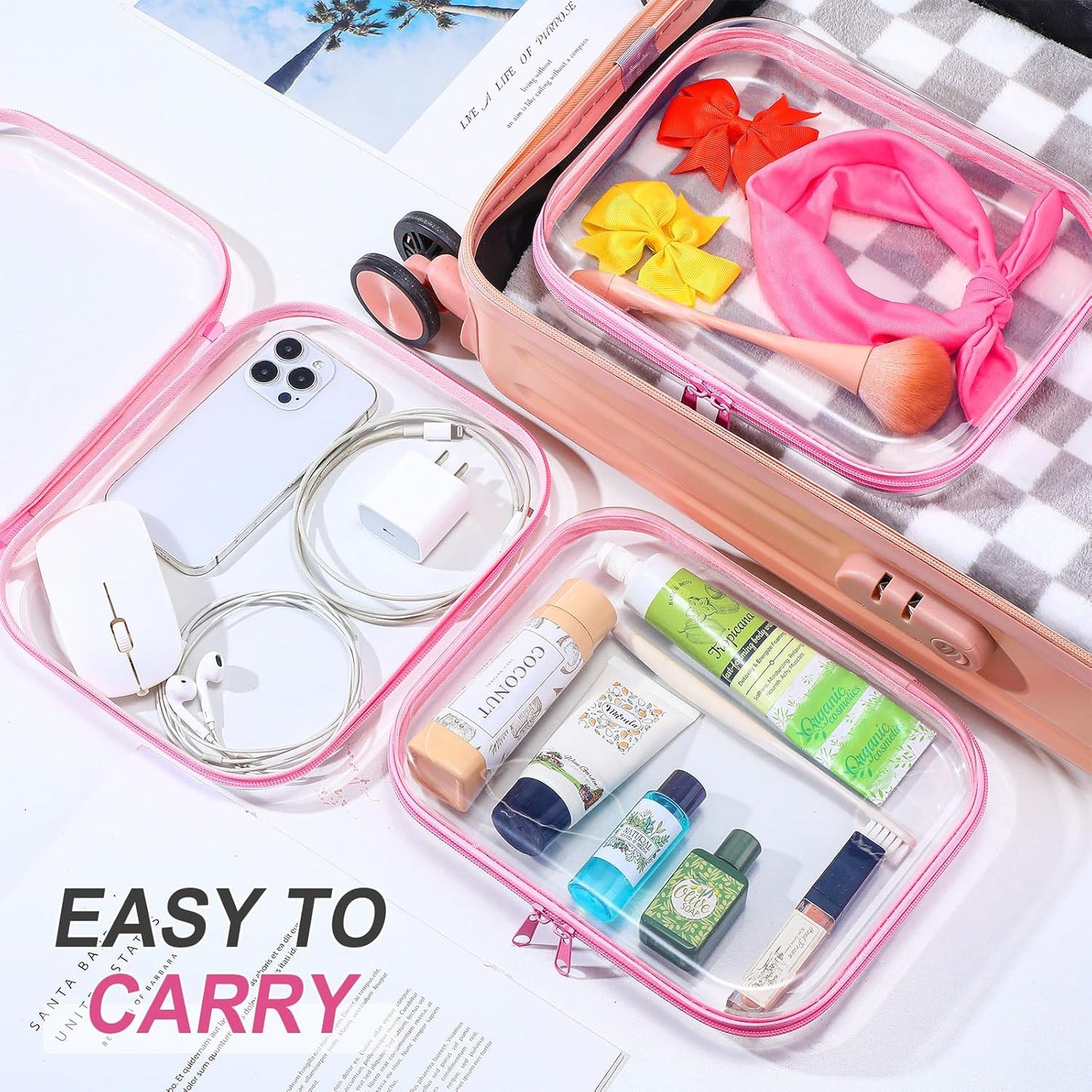 Sanwuta 6 Pcs Clear Hard Zipper Case Pencil Pouches Hard Plastic Zipper Pouches Makeup Bag Transparent Cases for Snacks Plastic Storage Organizer Box for Travel(Pink,9.84 x 7.87 x 2 Inch)-FemmiqueWomen