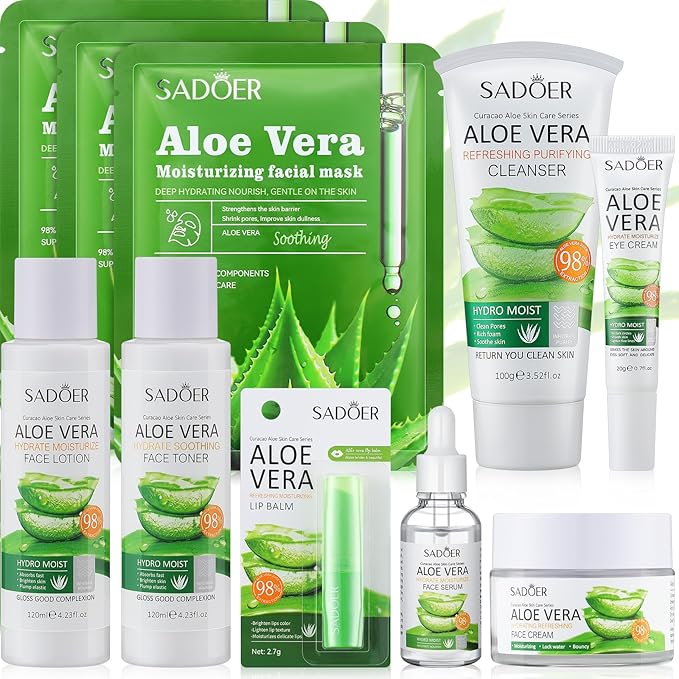 10 Pcs Skin Care Sets Face Care Set for Women Includes 1 Pcs Cleanser, Toner, Lotion, Eye Cream, Serum, Face Cream, Lip Balm and 3 Facial Masks Skincare Gift for Girls (Aloe Vera)-FemmiqueWomen