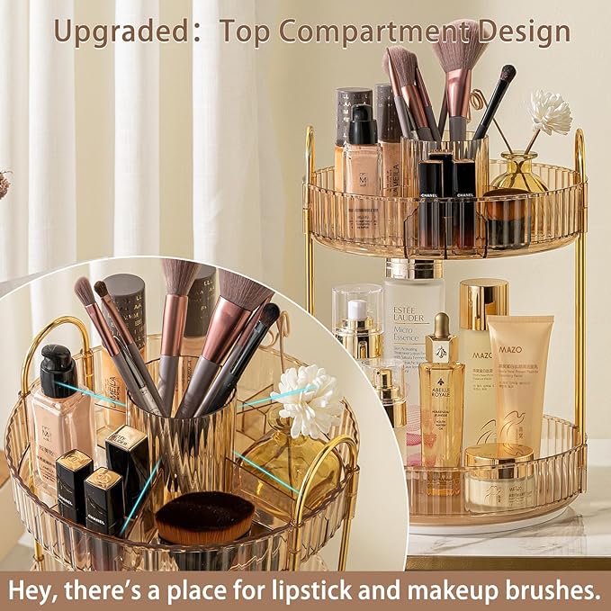 Rotating Makeup Organizer for Vanity, High-Capacity Skincare Clear Make Up Storage Perfume Organizers Cosmetic Dresser Organizer Countertop 360 Spinning (Gold, New-2 Tier)-FemmiqueWomen