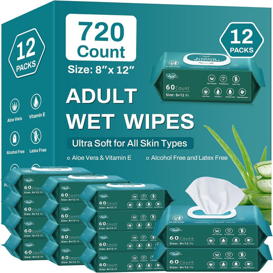 720 Count (12 Packs of 60) Wipes for Adults, 8" x 12" Extra Large for Incontinence & Cleansing, Disposable Body Shower & Bath Wipes for Elderly Bathing No-Rinse - Vitamin E & Aloe-FemmiqueWomen