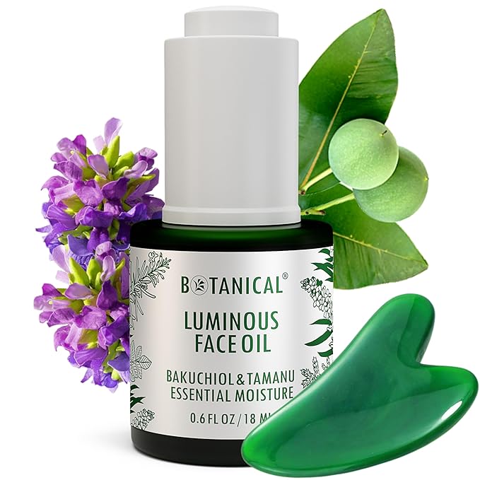 Botanical Luminous Face Oil | Skin Rejuvenating Tamanu & Bakuchiol w/Gua Sha Lift Scraper | Organic, Pure, Natural Skincare (0.6 fl oz | 18 ml)-FemmiqueWomen