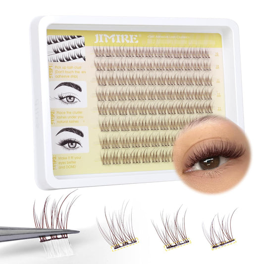 JIMIRE Brown Self-Adhesive Eyelashes - Press on Lash Clusters, Natural Look, Pre-Glued, Wispy 10-12MM Individual Lashes, Clear Band, Reusable Cluster Eyelash Extension-FemmiqueWomen