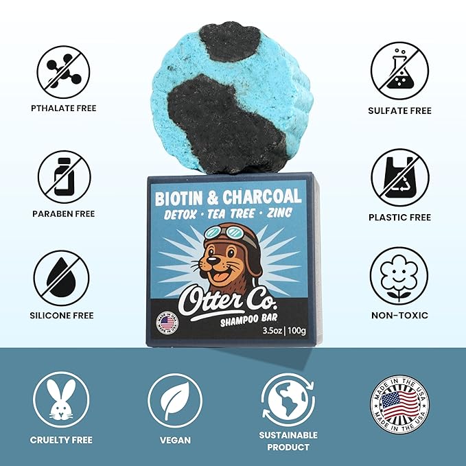 Otter co. Biotin Detox Shampoo Bar – Charcoal & Tea Tree Oil, Rosemary, Turmeric, Green Tea, Zinc – Vegan, Sulfate Free & Non Toxic – Women and Mens Shampoo, All Hair Types, Made in USA-FemmiqueWomen