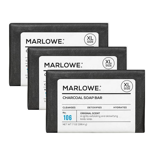 MARLOWE. No. 106 Charcoal Soap 7 oz (3 Bars) Body Bar Soap for Men, Cleansing, Purifying & Hydrating with Natural Extracts, Shea Butter, Olive Oil & Green Tea Extracts, Fresh Woodsy Scent-FemmiqueWomen