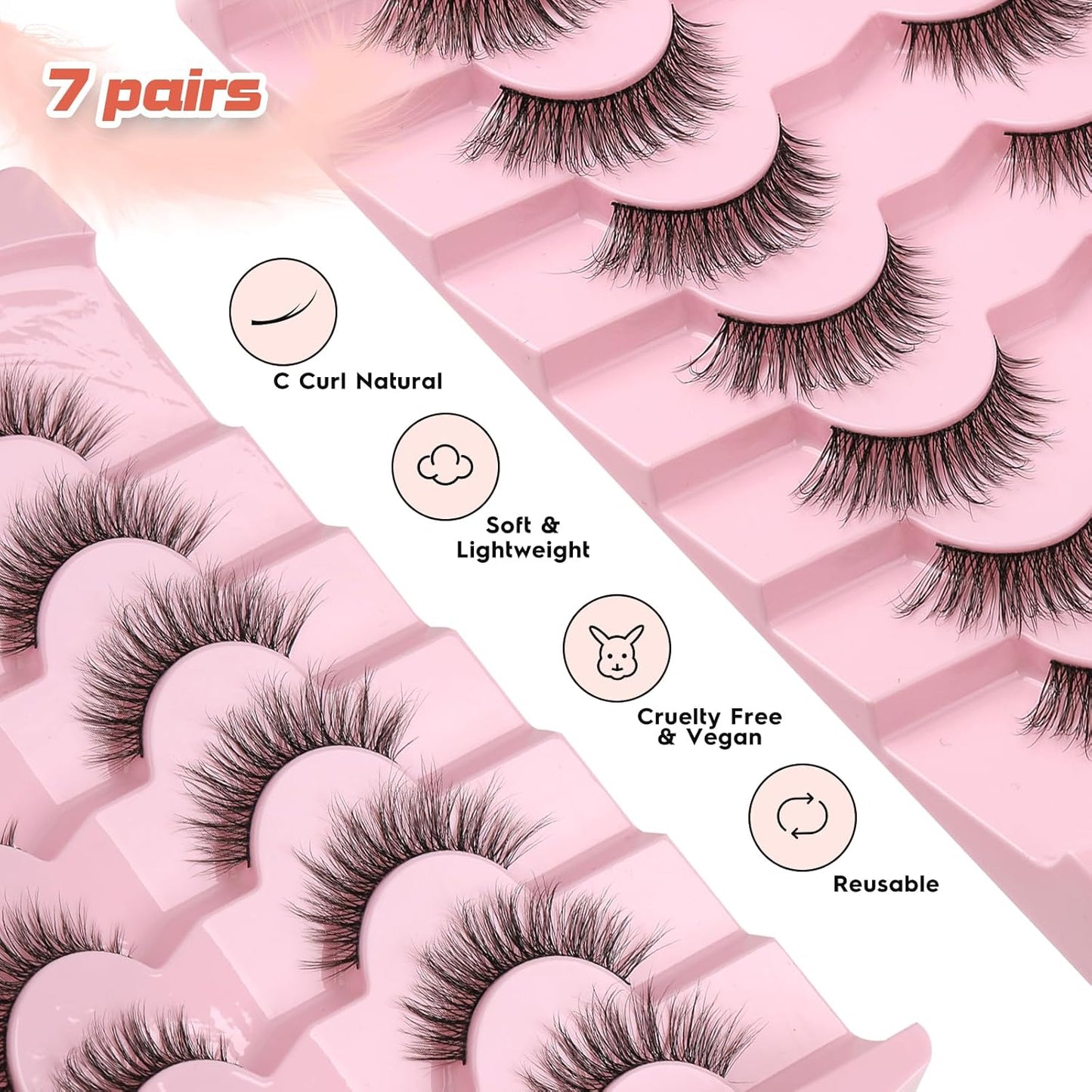 Eyelashes Natural Cat Eye Lashes 16mm Flase Eyelashes Flared Strip Lashes Fluffy False Lashes That Look Like Extensions C Curl Wispy Lashes Siligli Soft Lashes Pack 7 Pair-FemmiqueWomen