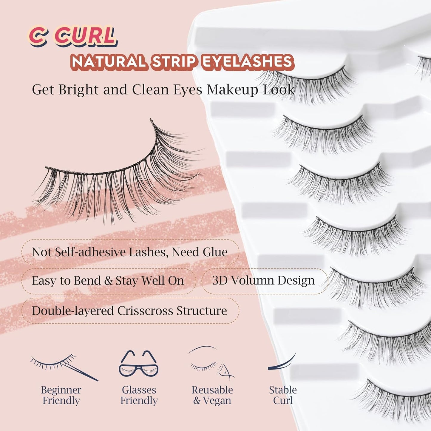 False Lashes Eyelashes Wispy 10MM Short Lash Natural Thin Band Strip Eyelash 3D Volume C Curl 7 Pair-FemmiqueWomen