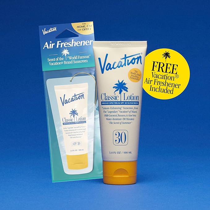 Vacation Classic Sunscreen Lotion SPF 30 & Air Freshener Bundle, Water-Resistant, Lightweight, Transparent on All Skin Tones, Dermatologist-Tested, Vegan, Travel Size, 3.4 Fl. Oz.-FemmiqueWomen