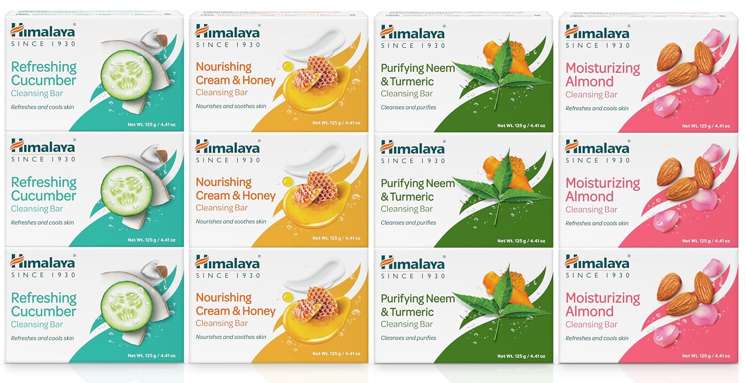 Himalaya Cleansing Bar Soaps Variety Pack, Neem & Turmeric, Almond, Cream & Honey and Cucumber, 4.41 oz, 12 Pack-FemmiqueWomen