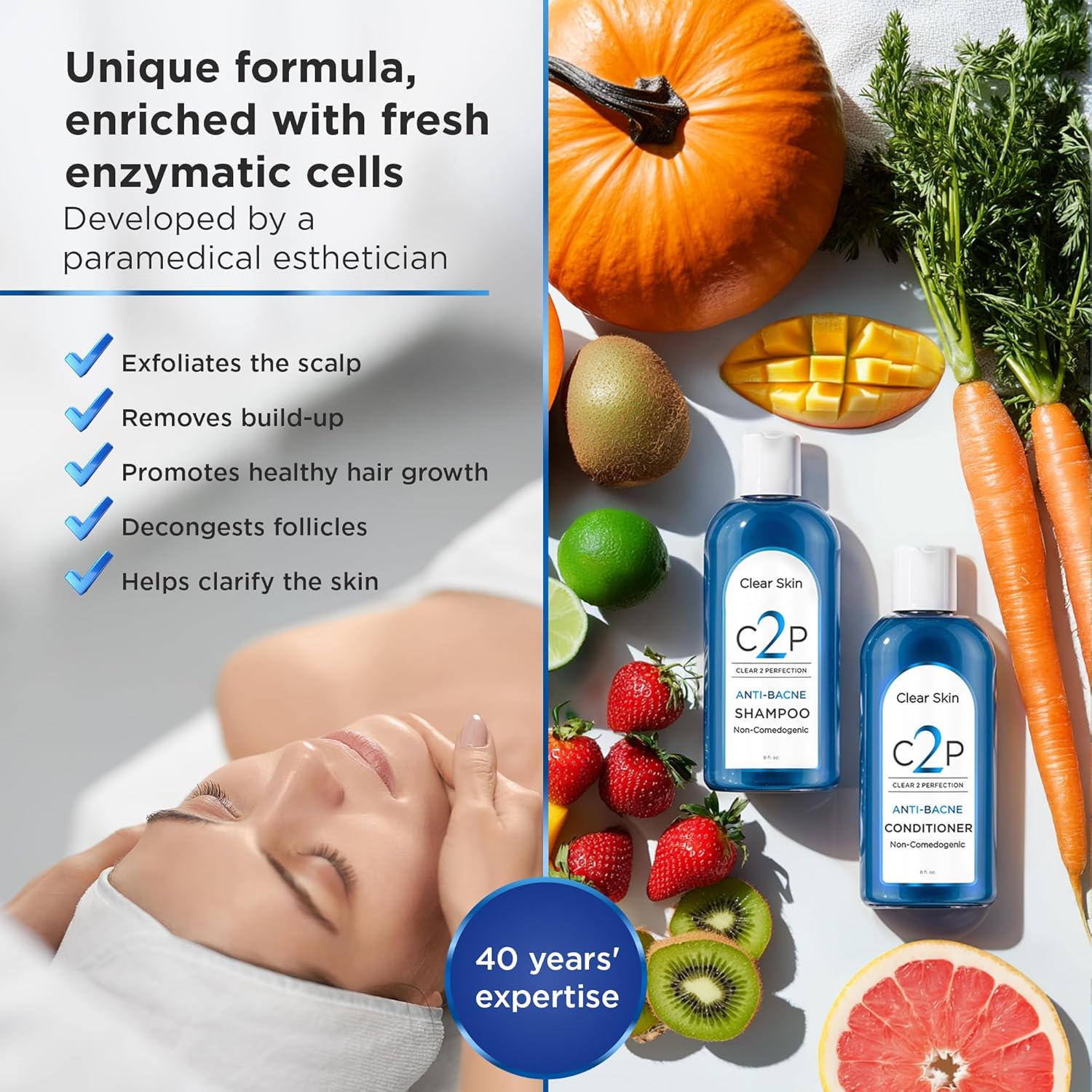 Non-Comedogenic & Sulfate-Free Shampoo & Conditioner Set by Clear 2 Perfection, Ideal for Acne-Prone Skin & Bacne, Esthetician Developed, Fights Breakouts & Promotes Healthy Hair-FemmiqueWomen