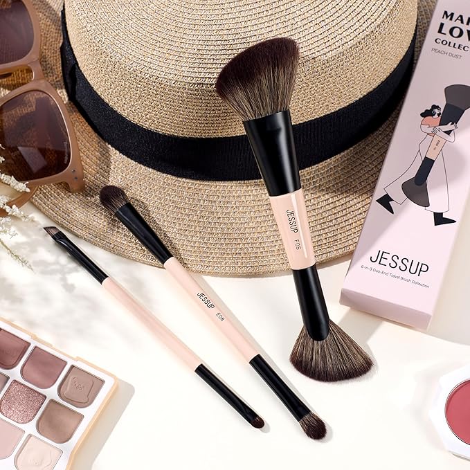 Jessup Travel Makeup Brushes Set 3pcs, Double Sided Contour Brush Dual Ended Eye Shadow Shader Eyeliner Brush, Multi-functional Makeup Set Peach Dust T507-FemmiqueWomen