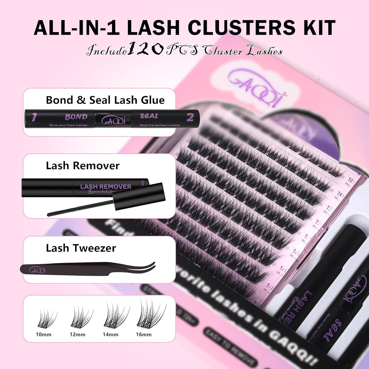 GAQQI Lash Clusters Kit, DIY Lash Extension Kit 120PCS Cluster Lashes C Curl, Wispy Eyelash Clusters 10-16MM with Lash Bond and Seal,Lash Remover and Lash Applicator (GQ03-KIT)-FemmiqueWomen