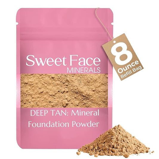 (8 Ounce) (Deep Tan) Foundation Powder Refill By Sweet Face Minerals, Lightweight Mineral Loose Makeup Powder with SPF 20, Full Coverage Flawless Finish, Talc-free, Cruelty-Free, Refillable Pouch-FemmiqueWomen
