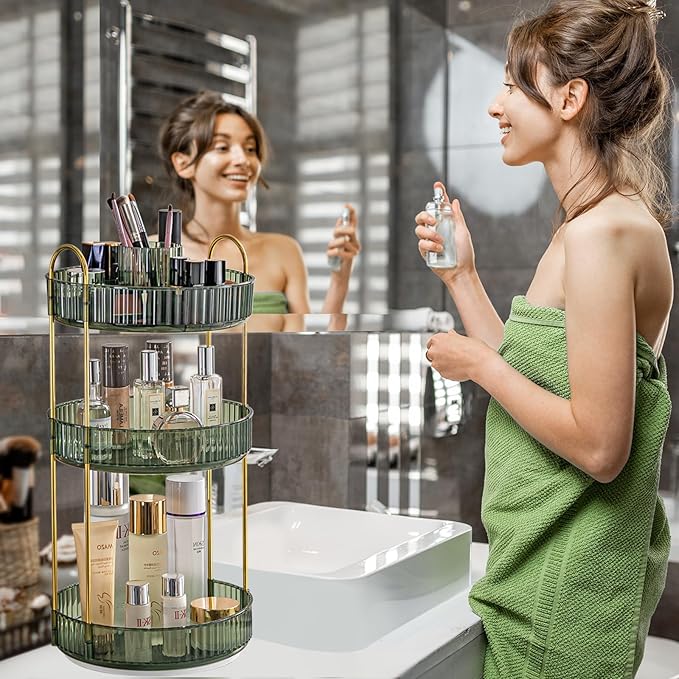 360° Rotating Makeup Organizer, Large-Capacity Skincare Make Up Storage 3 Tier Perfume Organizers Cosmetic Dresser Organizer with Makeup Brush Holder, Fits Bedroom, Bathroom, Vanity Shelf Countertop-FemmiqueWomen