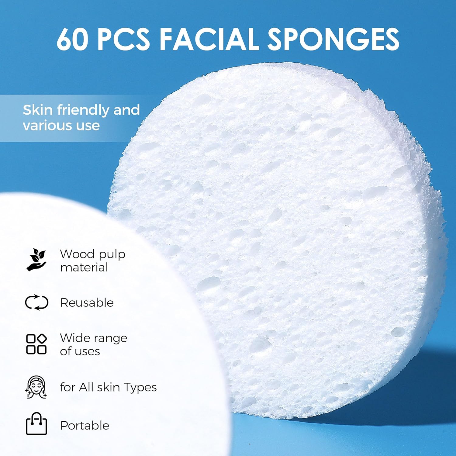 60-Count Compressed Face Sponges for Cleansing, Reusable White Natural Cellulose Travel Essentials Facial Sponge, Women Washing Face Pads for Make Up Remover, Exfoliating, Spa, Skin Care-FemmiqueWomen