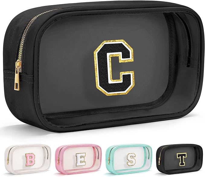 YOOLIFE Travel Clear Makeup Bag Toiletry Bag, Make up Bag Waterproof Toiletry Bags for Women Cosmetic Bag Birthday Gifts for Women Personalized Mother Girlfriend Wife Bridesmaid Gifts Black Letter C-FemmiqueWomen