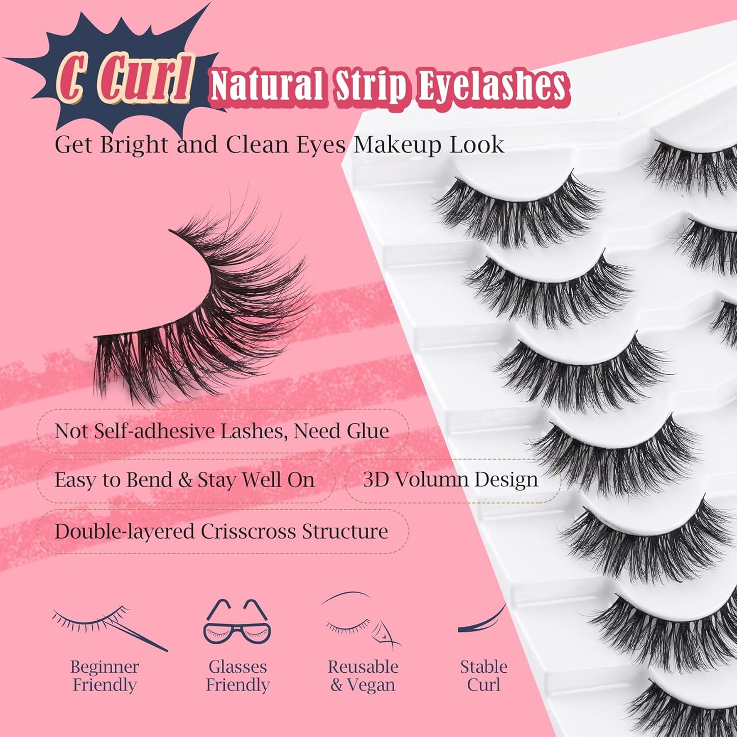 Wispy Lashes False Eyelashes Natural 16mm Fluffy Eyelashes Strip Lashes Pack 3D Volume Lashes 0.1MM Extra Thin Cotton Band Fake Eyelashes Soft Full Lashes C Curl Lashes Pack Siligli 7 Pair-FemmiqueWomen