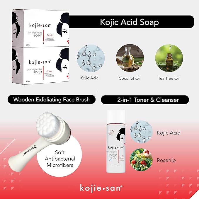 Kojie San Face & Body Shower Set - The Original Kojic Acid Soap that Reduces Visibility of Dark Spots, Hyperpigmentation, and Other types of Skin Damage – 135g x 2 Bars with Lotion, Cream and Toner-FemmiqueWomen