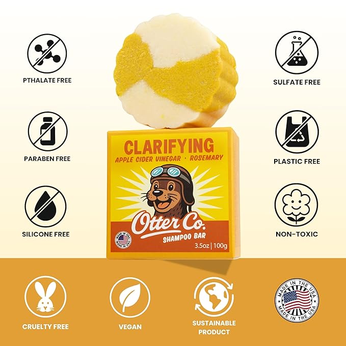 Otter co. Clarifying Apple Cider Vinegar Shampoo Bar for Build Up – Argan oil, Rosemary, Nettle, Jojoba oil – Vegan, Sulfate Free & Non Toxic – Women and Mens Shampoo, All Hair Types, Made in USA-FemmiqueWomen