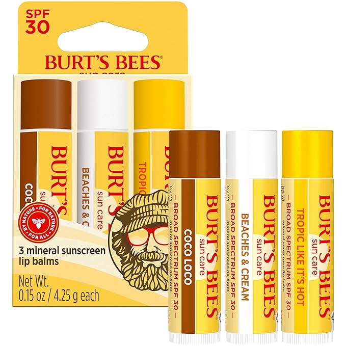 Burt’s Bees SPF 30 Lip Balm Mothers Day Gifts for Mom, Island Getaway - Coco Loco, Beaches & Cream, Tropic Like It's Hot, Water-Resistant Sun Care, Natural Origin Lip Treatment, 3 Tubes, 0.15 oz-FemmiqueWomen
