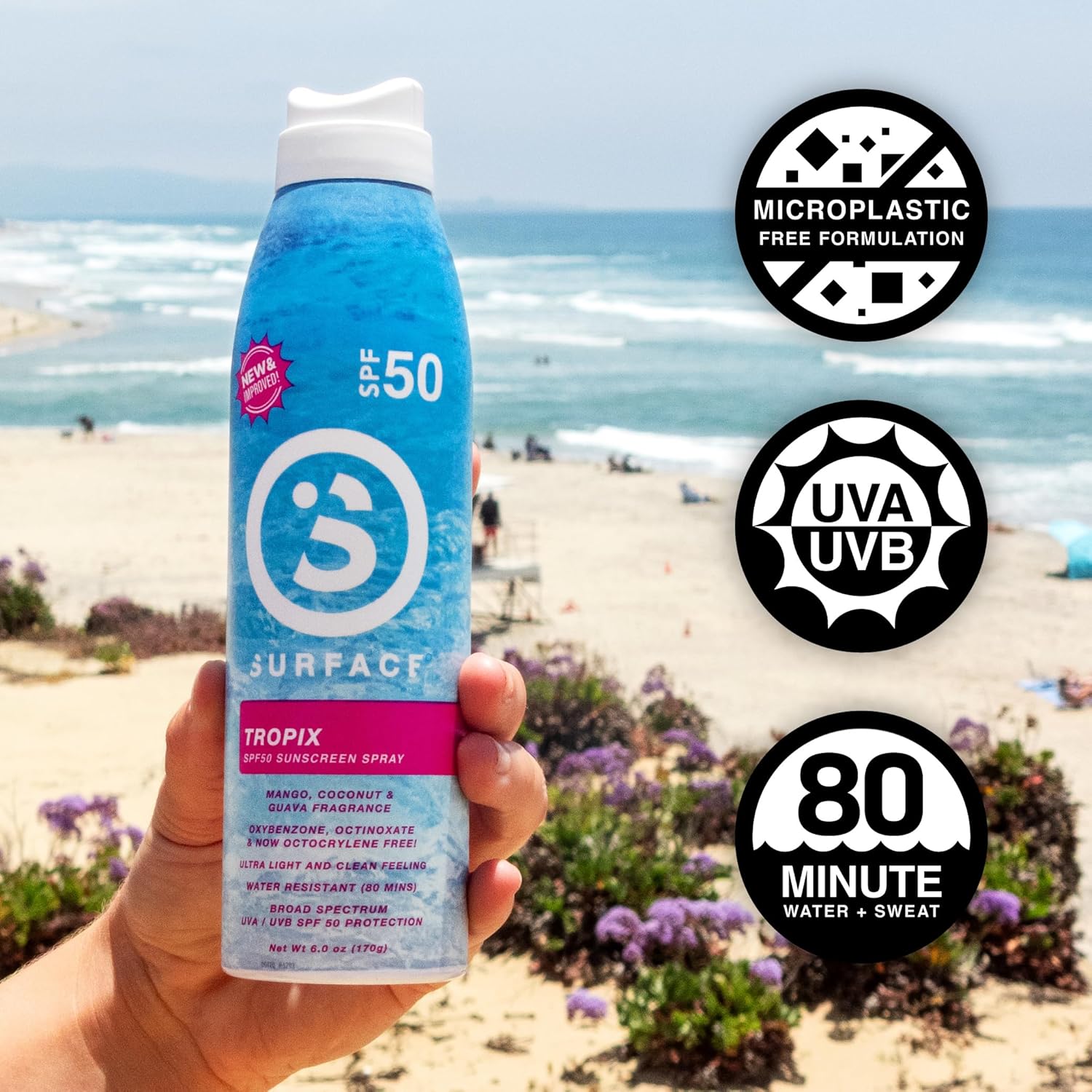 Surface Sunscreen Spray SPF 50 for Body, Lightweight Natural Formula, Reef Friendly, Broad Spectrum UVA UVB Protection, Water Resistant Sun Care for 80 Minutes Outdoor Use, Tropical Scent, 6oz-FemmiqueWomen