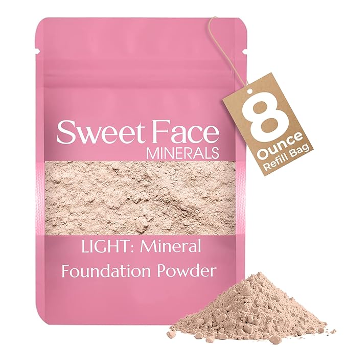 (8 Ounce Bag) (Light) Foundation Powder Refill By Sweet Face Minerals, Lightweight Mineral Loose Makeup Powder with SPF 20, Full Coverage Flawless Finish, Talc-free, Cruelty-Free, Refillable Pouch-FemmiqueWomen