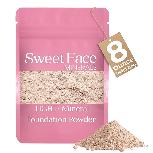 (8 Ounce Bag) (Light) Foundation Powder Refill By Sweet Face Minerals, Lightweight Mineral Loose Makeup Powder with SPF 20, Full Coverage Flawless Finish, Talc-free, Cruelty-Free, Refillable Pouch-FemmiqueWomen