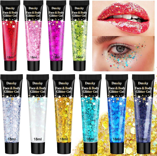 10 Colors Body Glitter,Face Glitter Makeup for Kids Women,Sparkly Chunky Hair Glitter for Eye Lip Hair Nails,Mardi Gras Glitter Makeup Face Paint,Singer Concerts Disco Rave Festival Accessories-FemmiqueWomen