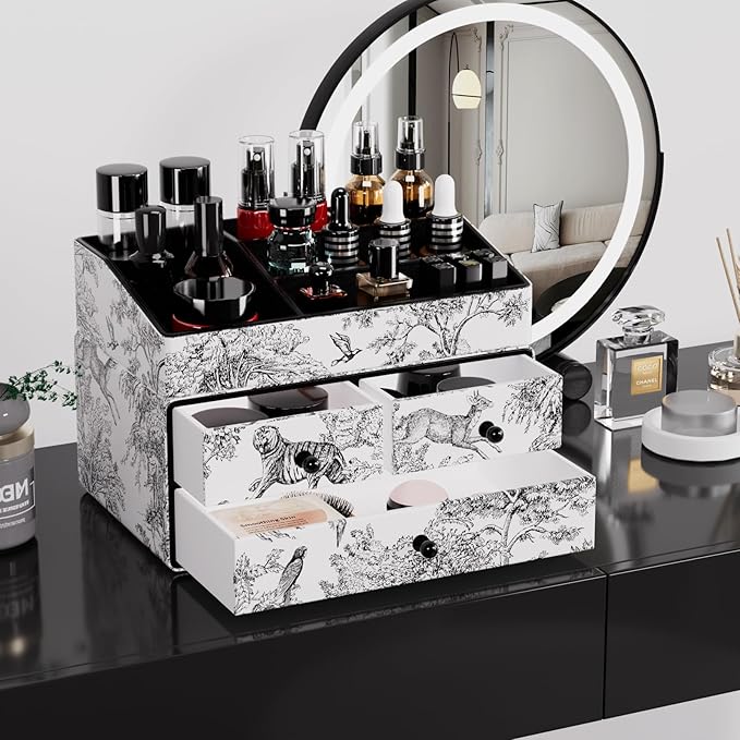 GORESE Leather Makeup Organizer with 3 Drawers for Vanity, Stackable Skincare Holder Dresser Organizer Countertop, Make Up Storage Organizers Counter Cosmetic Display Case Gift for Women(Retro Black)-FemmiqueWomen