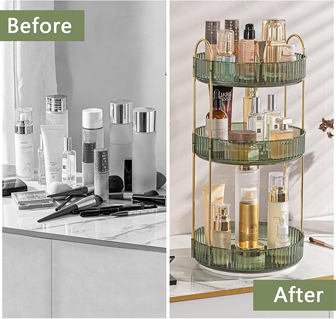 Rotating Makeup Organizer for Vanity, High-Capacity Skincare Clear Make Up Storage Perfume Organizers Cosmetic Dresser Organizer Countertop 360 Spinning (Green, 3 Tier)-FemmiqueWomen