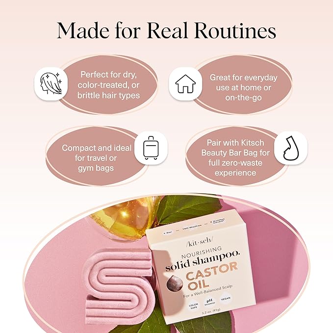 Kitsch Castor Oil Shampoo Bar Soap - Hydrating & Moisturizing Hair Care - Organic Castor Oil Solid Shampoo for Hair Growth & Scalp Nourishment - Silicone & Paraben-Free, Vegan, Made in USA - 3.2oz-FemmiqueWomen