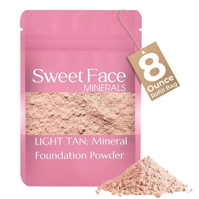 (8 Ounce) (Light Tan) Foundation Powder Refill By Sweet Face Minerals, Lightweight Mineral Loose Makeup Powder with SPF 20, Full Coverage Flawless Finish, Talc-free, Cruelty-Free, Refillable Pouch-FemmiqueWomen