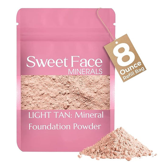 (8 Ounce) (Light Tan) Foundation Powder Refill By Sweet Face Minerals, Lightweight Mineral Loose Makeup Powder with SPF 20, Full Coverage Flawless Finish, Talc-free, Cruelty-Free, Refillable Pouch-FemmiqueWomen